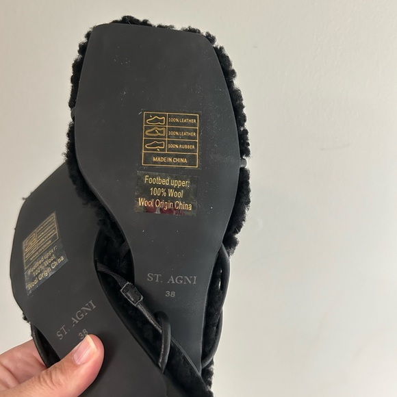 🔥NIB St Agni 🔥Black Shearling Leather Slingback Kitten Heel Sandals Size 38 - Picture 5 of 11